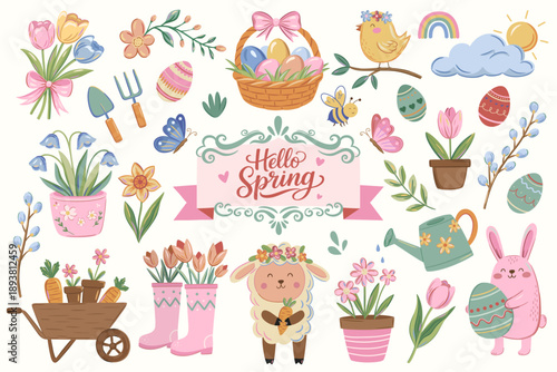 Cute spring hand drawn collection with easter symbols, flowers, animals and gardening details. Happy Easter pastel style