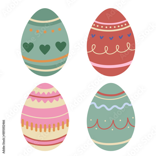 Four simple easter eggs in minimalist playful hand drawn style. Soft pastel illustration for spring seasonal design