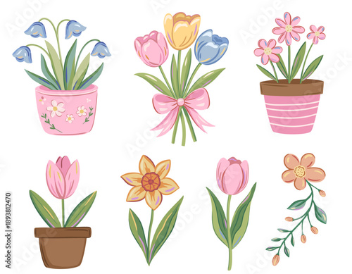 Spring flowers set with potted blooms and single floral elements in playful hand drawn style. Soft pastel illustration