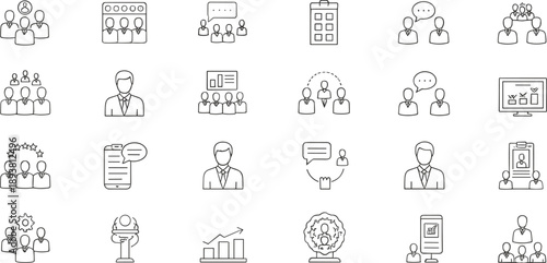 Business teamwork and management line icon set showing meetings, leadership, planning, communication, analytics, scheduling, and corporate collaboration concepts