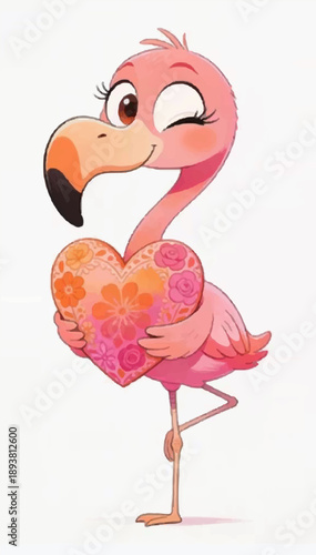 A vector caricature illustration of a bright pink flamingo with exaggerated facial features, including a huge curved beak and round eyes.
