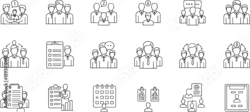 Business teamwork and communication line icons set showing collaboration, meetings, management, discussion, workflow, and corporate organization concepts