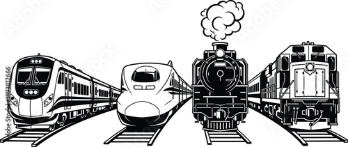 Black and white vector illustration set of various trains including high speed rail modern passenger locomotives steam engines and heavy freight transport