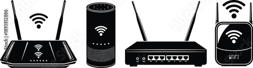 Black and white vector illustration set of wireless internet routers smart speaker and wifi signal boosters for home networking and technology design