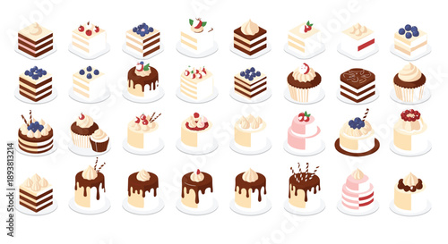 Isometric cake and cupcake vector set with chocolate, cream, berries, layered desserts, and bakery sweets illustrations
