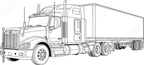 Black and white vector line art illustration of a heavy duty semi truck with cargo trailer for maritime logistics international shipping design