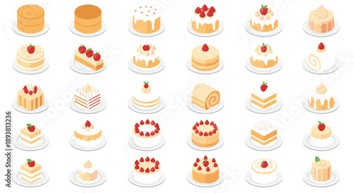 Isometric cake and dessert vector collection with layered pastries, cream toppings, strawberries, and bakery sweets illustrations