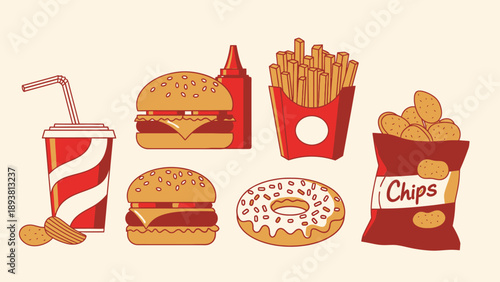 Assorted fast food items including burgers, fries, and chips arranged on a flat surface, viewed from directly above.