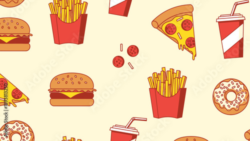 Assorted Fast Food Items Pattern Featuring Burgers, Fries, Pizza, and Drinks in a Repeating Design