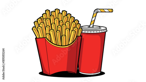 Illustration of French fries in a red container with a drink and straw beside it on a dark surface