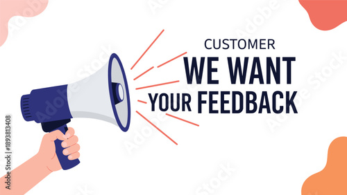 Hand holding a megaphone with a call to action asking for customer feedback, representing service improvement and consumer engagement efforts.