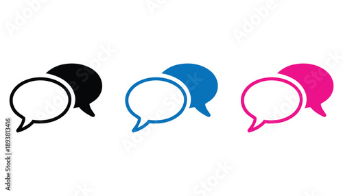 Chat bubble icons set in black, blue, and pink colors. colorful speech bubbles isolated