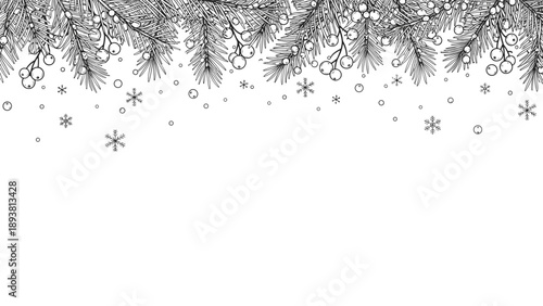 Hand drawn black and white Christmas border design with pine branches, berries, and falling snowflakes in a delicate winter sketchbook style.