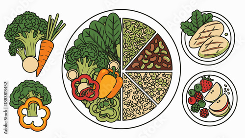 A healthy meal plate divided into sections, surrounded by fresh vegetables and fruits, illustrating a balanced diet concept from a top-down perspective.