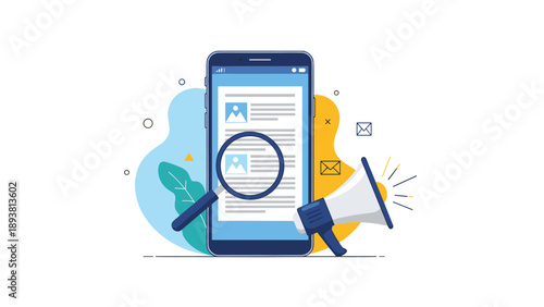Mobile marketing and online search concept illustration with a smartphone, a magnifying glass, and a megaphone for digital promotion efforts.