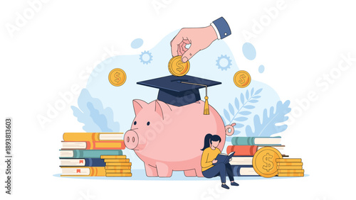 Educational savings concept with a young woman reading next to a piggy bank wearing a graduation cap while a hand inserts a money coin.