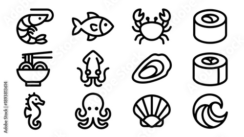 Collection of minimalist black outline icons representing various seafood items marine animals and Japanese cuisine elements for restaurant menus and web design
