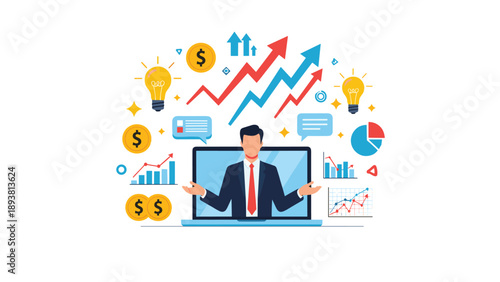 Online business growth and success concept with a professional man on a laptop screen surrounded by rising charts, light bulbs, and money.