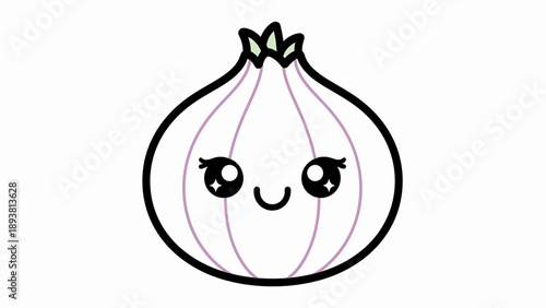 A cartoon onion character with a smiling face is illustrated in a simple black outline against a plain background from a front viewpoint.