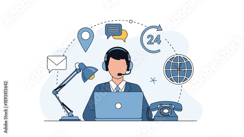 Customer support representative with a headset working on a laptop, surrounded by icons for communication, global service, and availability.