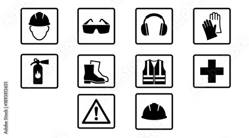 Collection of black and white industrial safety icons representing personal protective equipment like helmets gloves boots and first aid for workplace security
