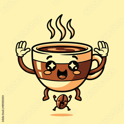A cartoon coffee cup character with a cheerful face and steaming hot beverage is illustrated with anthropomorphic features and a companion coffee bean.