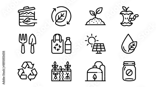 Collection of twelve linear icons representing environmental conservation sustainable living gardening practices recycling systems renewable energy and organic waste management solutions