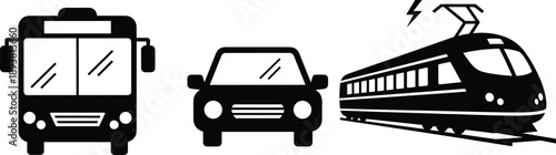 Public transport vehicle icons set featuring bus, car and train silhouettes, modern urban mobility, transit systems, and transportation design isolated on white background