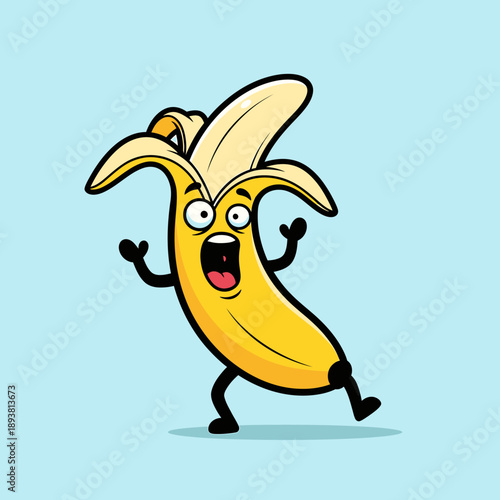 A cartoon banana character dancing happily with a joyful expression and energetic pose on a light blue background from a frontal viewpoint