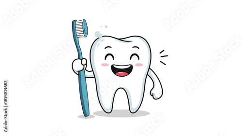 Cute and happy cartoon tooth character smiling and holding a blue toothbrush, promoting dental hygiene and healthy teeth for children.