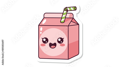 A cartoon juice box with a smiling face and straw on a transparent background viewed from the front
