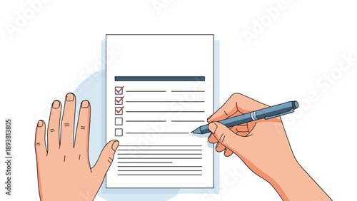 Close up illustration of a person hand using a pen to fill out a checklist on a piece of white paper, representing a survey or task list.