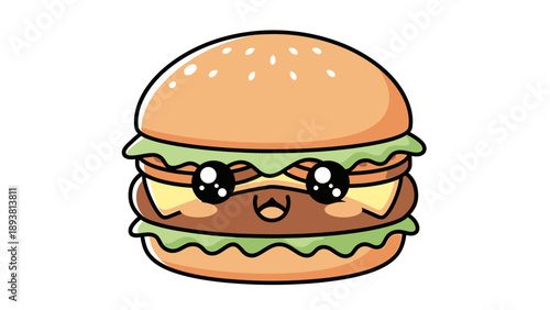A cartoon burger with a smiling face is centered on a white background from a straightforward viewpoint