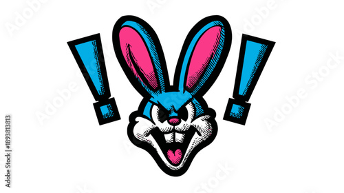 Vibrant blue and pink cartoon rabbit head with a fierce, mischievous expression and exclamation marks, playful character mascot