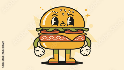 A cartoon character burger with a smiling face standing on a plain background viewed from the front