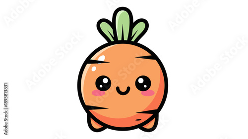 A cartoon carrot character with a smiling face and green leaves on top is standing happily on a white background