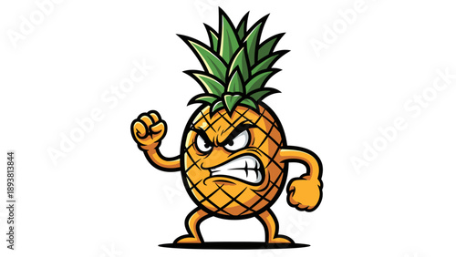 An angry cartoon pineapple character flexing its muscles and standing aggressively on a plain surface.