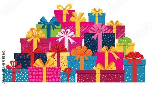 Large and huge pile of colorful gift boxes decorated with ribbons and bows represents holiday celebration and giving.