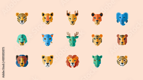Colorful collection of flat design geometric animal head illustrations. Diverse wild animals vector set for avatars and icons.