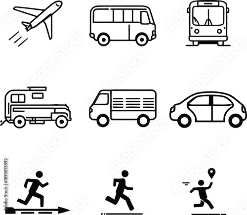 A person runs quickly alongside various modes of transportation in silhouette