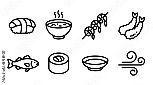 Collection of minimalist black outline icons representing traditional Japanese cuisine including nigiri maki seafood soup and restaurant menu symbols for web design