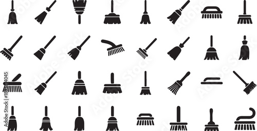 Collection of various cleaning tools icons isolated on transparent background
