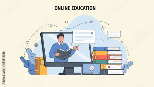 Online education platform features a teacher presenting on a screen next to a stack of textbooks and a video player.