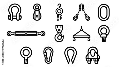 A comprehensive set of black line icons representing professional rigging gear lifting hardware and industrial equipment for construction and maritime use