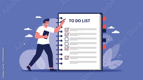 Productive man writes on a giant notebook for a to-do list to organize daily tasks and improve personal time management.