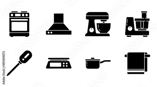 Collection of black silhouette icons representing common household kitchen equipment including stove range hood food processor thermometer and digital weighing scale