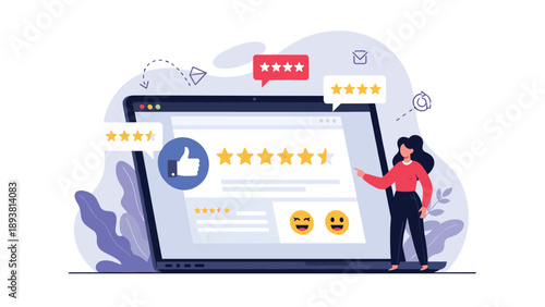 Customer review concept shows a woman on a laptop screen pointing at a five star rating for quality feedback and survey.