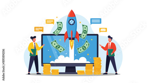 Successful business startup is shown with a rocket launching from a screen and money flying around two professionals.