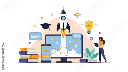 Startup development concept shows a rocket launching from a computer screen surrounded by various educational icons.