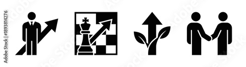 A collection of black and white flat icons representing corporate success strategic planning environmental growth and collaborative business partnerships for professional presentations